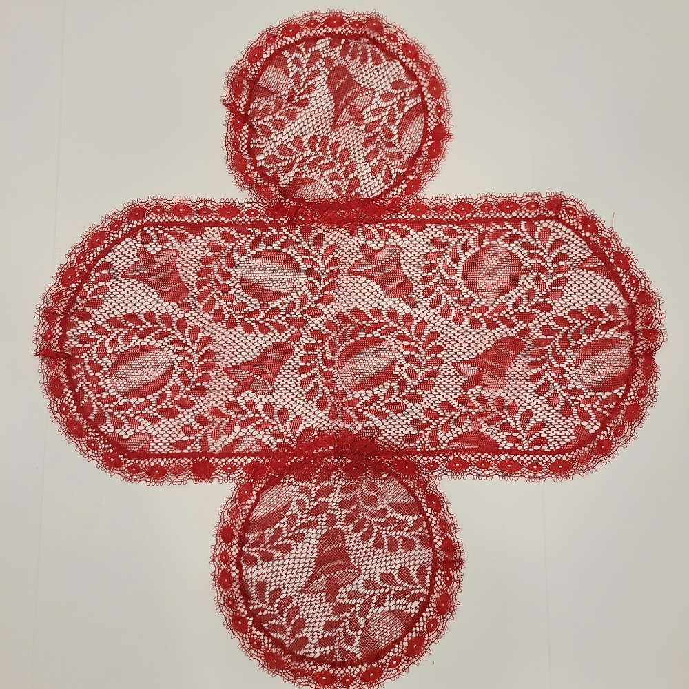 Vintage Red Lace Runner & Doily Set Holiday Christmas Ornament Bell Print